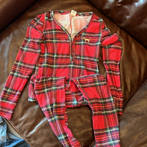 Victoria Secret Pink Holiday Christmas Xmas Thermal Onesie With Butt Flap Sz. L - Picture 3 of 4
